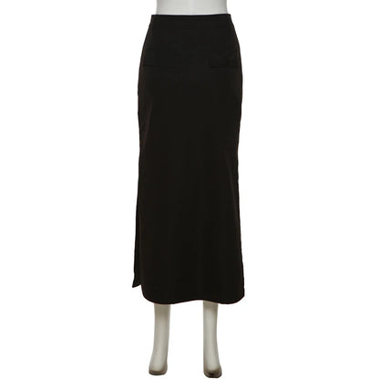 Women Midi Skirts Goth Dark Grunge Casual Tag Split Mall Gothic Punk High Raise Slim Long Skirt Y2k Sexy Fashion Streetwear