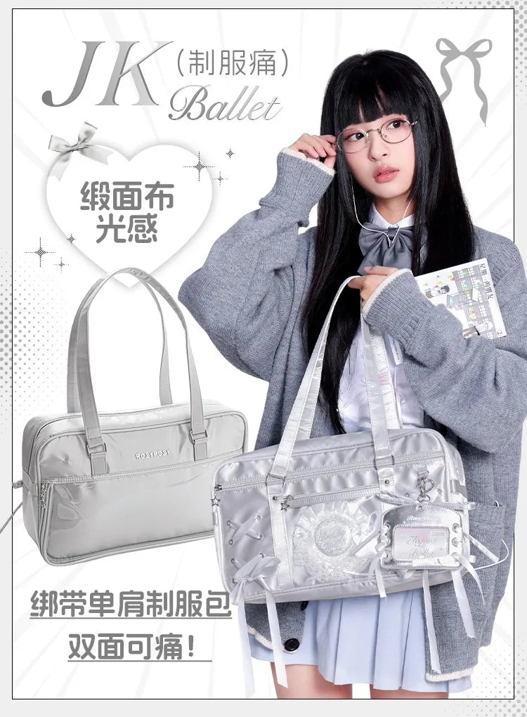 Japanese New Girls Silver Shoulder Bag Large Capacity Ribbon Itabag Student Women's Satin Messenger Bag Leather Backpacks