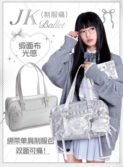 Japanese New Girls Silver Shoulder Bag Large Capacity Ribbon Itabag Student Women's Satin Messenger Bag Leather Backpacks