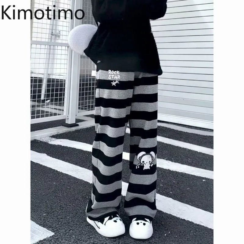 Kimotimo Punk Anime Printed Striped Pants Women Harajuku Y2k Straight Casual Long Trousers 2025 Autumn Vintage Gothic Streetwear