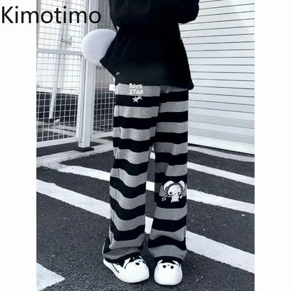Kimotimo Punk Anime Printed Striped Pants Women Harajuku Y2k Straight Casual Long Trousers 2025 Autumn Vintage Gothic Streetwear