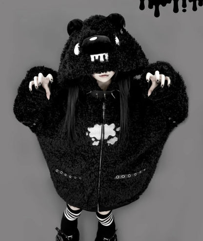 Japanese Gothic Hooded Plush Coat New Autumn Winter Subculture Cool Girl Women's Punk Rivet Lamb Wool Hoodie Jacket Zipper Coat