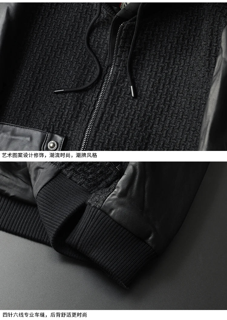 Minglu Autumn Winter Goatskin Men's Jackets High Quality Solid Color Hooded Genune Leather Male Coats Zipper Casual Man Overcoat