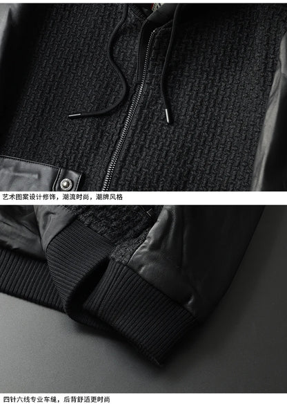 Minglu Autumn Winter Goatskin Men's Jackets High Quality Solid Color Hooded Genune Leather Male Coats Zipper Casual Man Overcoat