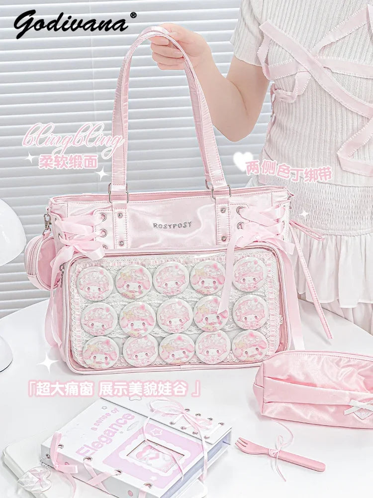 Japanese New Girls Silver Shoulder Bag Large Capacity Ribbon Itabag Student Women's Satin Messenger Bag Leather Backpacks