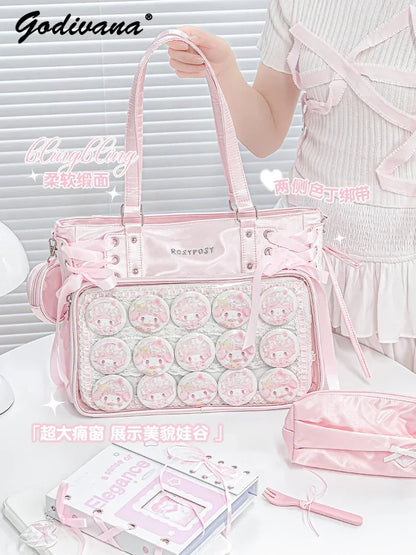 Japanese New Girls Silver Shoulder Bag Large Capacity Ribbon Itabag Student Women's Satin Messenger Bag Leather Backpacks