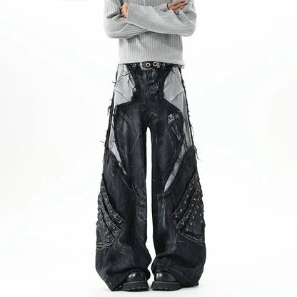 High Street Men's Denim Trousers Patchwork Contrast Color Drawstring Raw Edge Dirty-dying Worn-out Male Jeans New