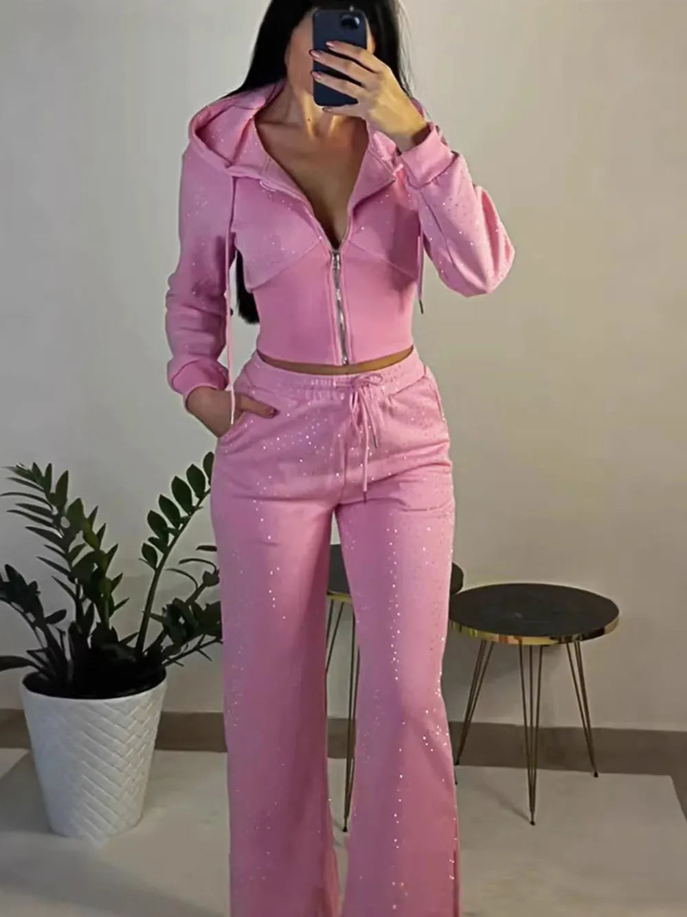Apex Ritual – Hot Drilling Design Hoodie – High Waist Long Pants Fashion Casual Women's Tracksuit