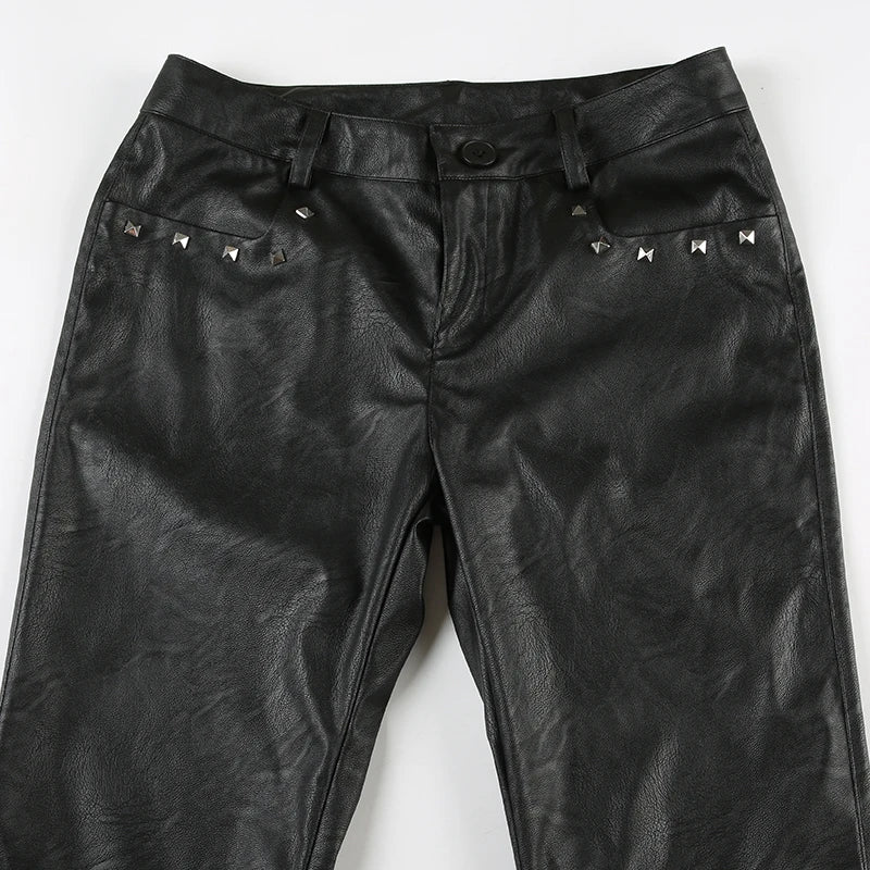 2025 Autumn Winter Women's PU Pants Low Rise Goblin Core Faux Leather Trousers Bell Bottom Gothic Japanese Y2k Stretch 2000s New