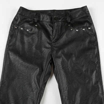 2025 Autumn Winter Women's PU Pants Low Rise Goblin Core Faux Leather Trousers Bell Bottom Gothic Japanese Y2k Stretch 2000s New