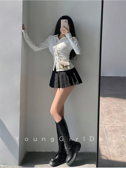  Pleated Skirt with Shorts Women Sexy High Waist White Black A-line Korean Gyaru Mini Tennis Skirt School Girl Summer