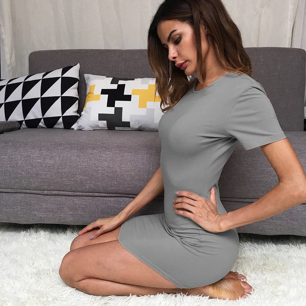 Summer Women Short Sleeve Dresses Ladies Solid Color O-Neck Bodycon Stretch Slim Mini Dress Vestido