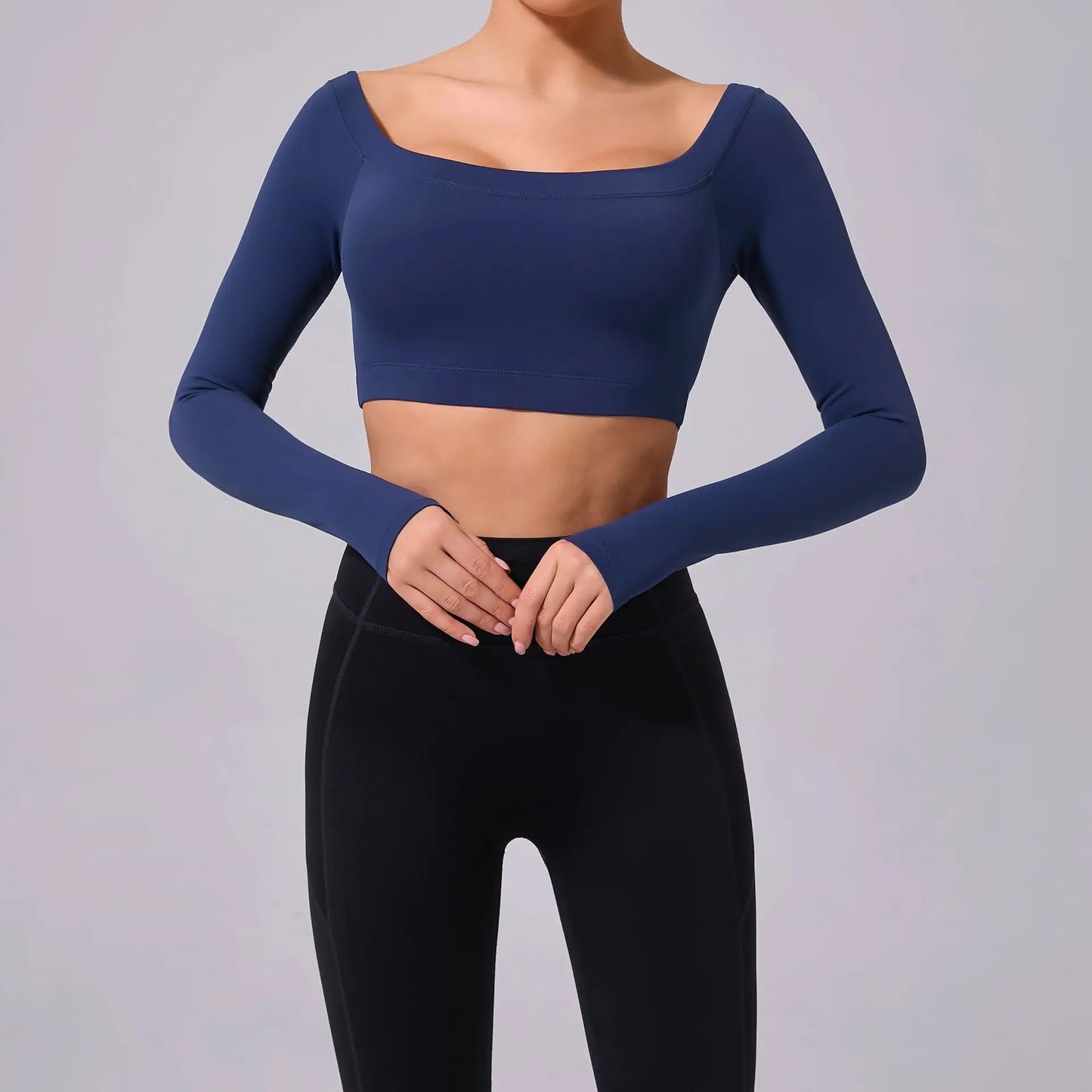 Fashion Long Sleeve Slash Neck Sports Top Women Crop Top for Fitness Yoga Wear Fashion Sports Short T-shirt Gym Workout Shirt