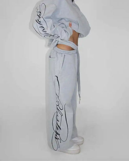 Apex Ritual – Grey 2 Piece Outfit – Script Print Oversized Hoodie & Wide Leg Pants Y2K Streetwear