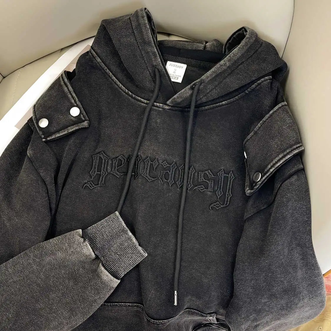 Stylish Oversized Patchwork Embroidered Sweatshirt Trendy Streetwear Black Splicing Loose Outerwear for Young Women