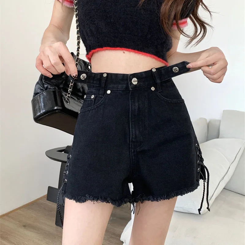 High Waist plus Size Slimming A-Line Wide Leg Super Short Hot Girl Denim Shorts Women's Summer Trendy Black Jeans  Skirt
