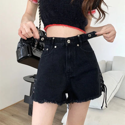 High Waist plus Size Slimming A-Line Wide Leg Super Short Hot Girl Denim Shorts Women's Summer Trendy Black Jeans  Skirt