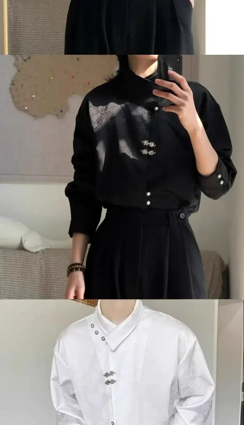 Style National Style Satin Irregular Dark Pattern Stand Collar Trendy Retro Metal Plate Button Long-sleeved Shirt for Men Women