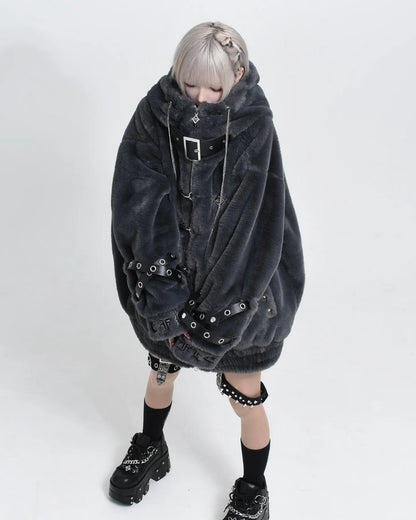Lautaro Autumn Winter Thick Warm Faux Fur Coat Women with Hood Zipper Luxury Japanese Style Punk Harajuku Fluffy Jacket 2026
