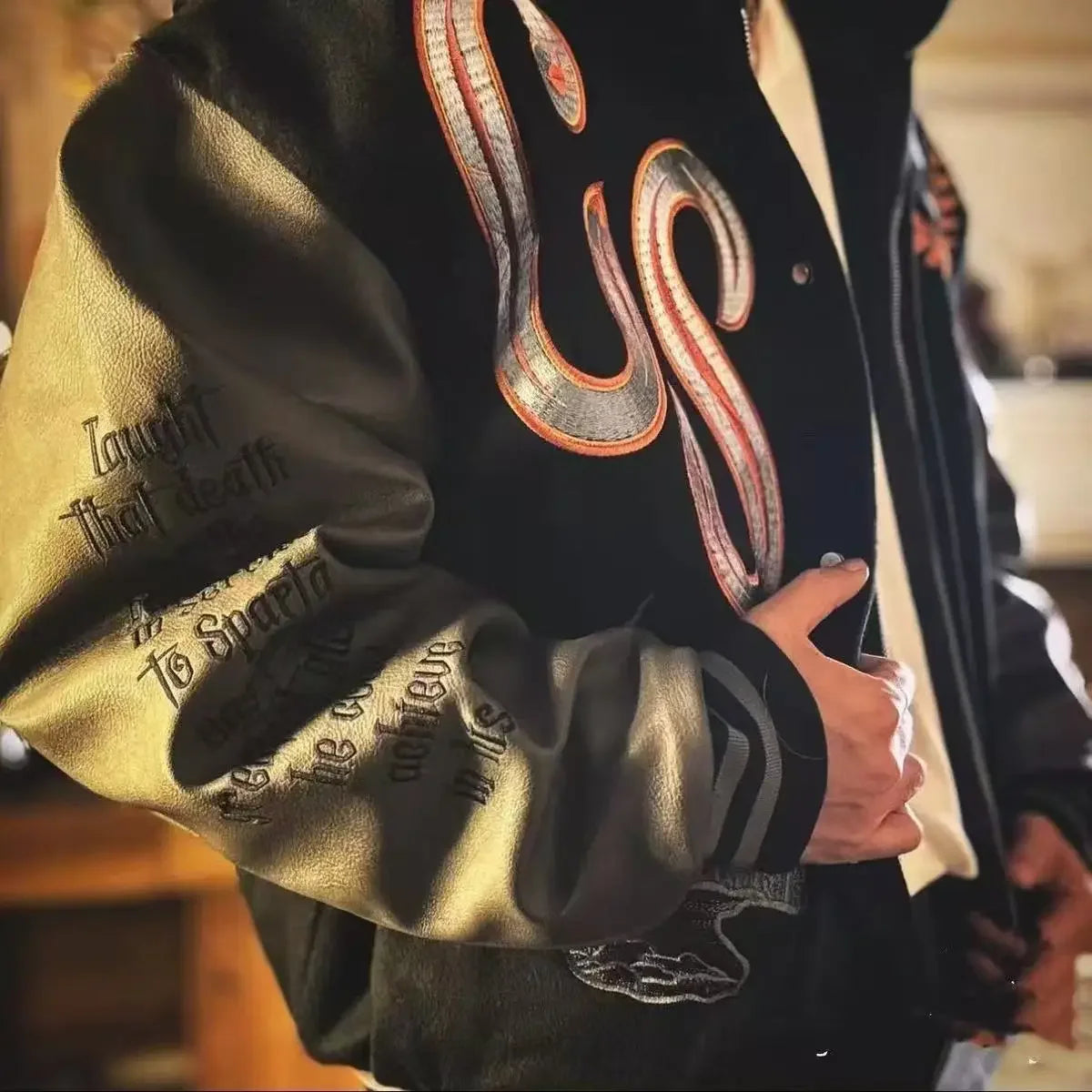 Embroidery bomber Jacket Men Splicing PU Leather Sleeves Spring Autumn Streewear varsity Jacket Baseball Coats Men Clothing