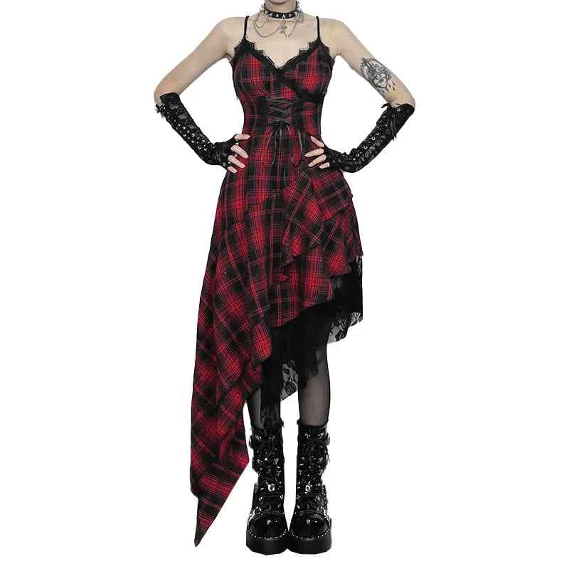 Women's Plaid Lace Spaghetti-Strap Midi Dress