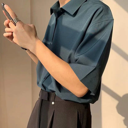 Clothes Short Sleeve Black Male Top Plain Men's Shirt And Blouse With Collar Korean Style Xxl Luxury Summer Original Silk Luxury