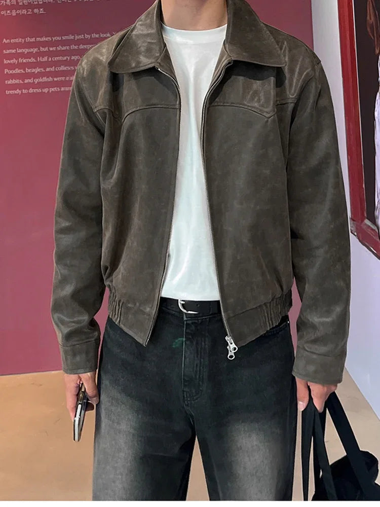 Spring Autumn Vintage Lightweight Distressed Washed Brown Pu Leather Jacket Men Zipper Casual Korean Fashion Clothes