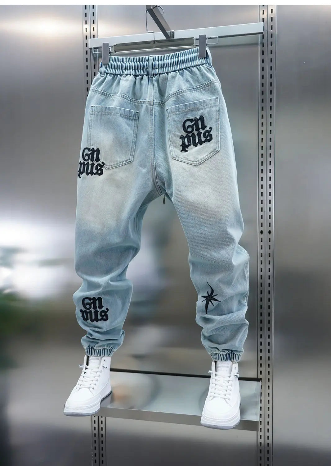American high-street letter embroidered washed denim jeans fashion loose-fitting jogger harem pants slim-fit casual pants