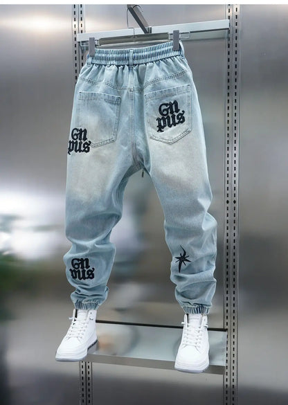 American high-street letter embroidered washed denim jeans fashion loose-fitting jogger harem pants slim-fit casual pants