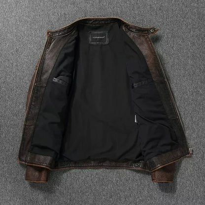 Vintage Black Brown Real Cowhide Genuine Leather Jacket Real Fur Men's Leather Jacket Bomber Men Leather Jacket Motorcycle Coat
