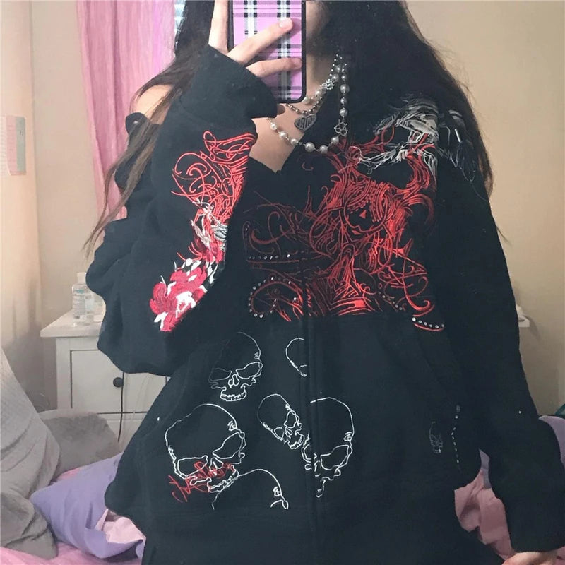 Hoodie Kawaii Y2k Anime Cartoon Goth Zip Up Hoodie Woman Harajuku Streetwear Loose Long Sleeve Sweatshirts Femme Sweatshirts