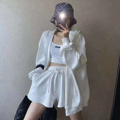 Shorts Three 3 Piece Sets Women Casual Vest Drawstring Short Hooded Zipper Jacket Sportswear Suits Y2k Streetwear Sports Hoodies