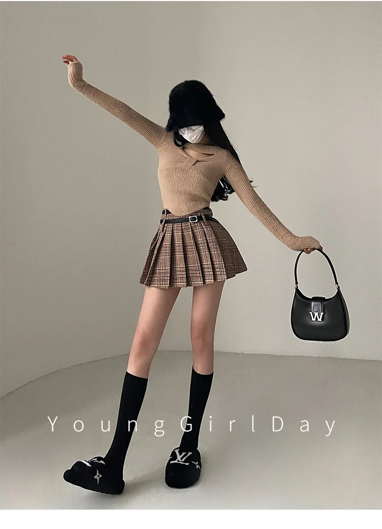 WOMENGAGA Preppy Style High Waist Slim Double Belt Slip Plaid Pleated Skirt Fashion Sexy Korean Women JK Skirts Sweet X8WN