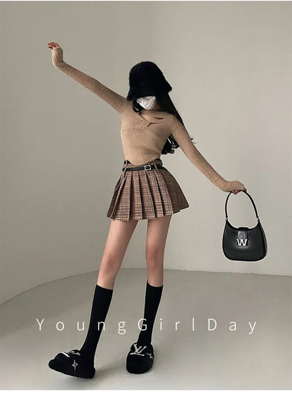 WOMENGAGA Preppy Style High Waist Slim Double Belt Slip Plaid Pleated Skirt Fashion Sexy Korean Women JK Skirts Sweet X8WN