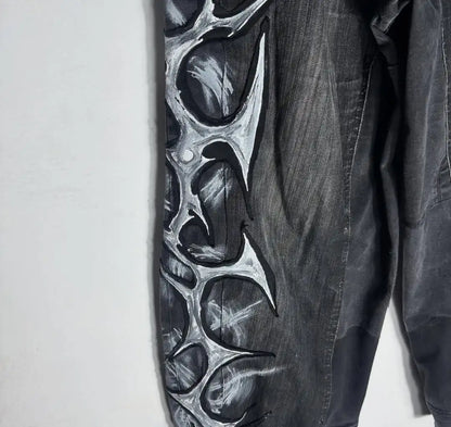 Ripped Baggy Jeans Cotton Patch Dyed Skull Pattern Y2k Mens Jeans Goth Punk Wide Leg Casual Pants Hip Hop Trousers Men Clothing