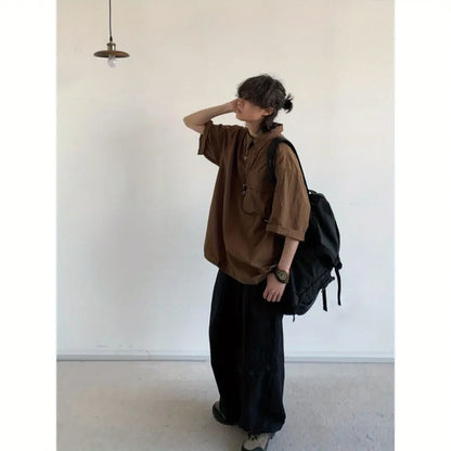 2024 New Summer Japanese Mens Set Harajuku Mid Sleeved Trendy Shirt+ Wide-leg Cargo Pants 2-pcs Thin Casual College Male Suit