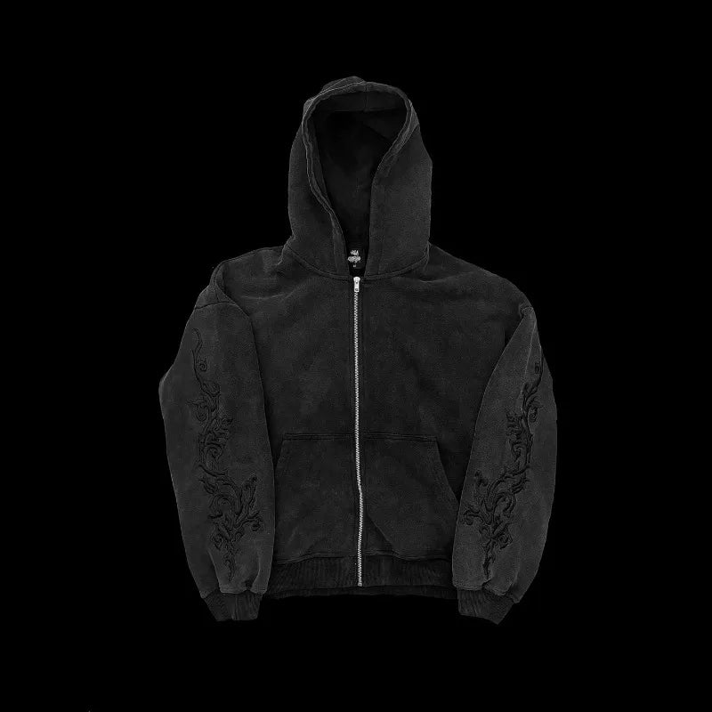 Men's Hoodie Harajuku Y2K Vine Embroidered High Street Washed Black Gray Sweatshirt Gothic Casual Streetwear Loose Fit Man New
