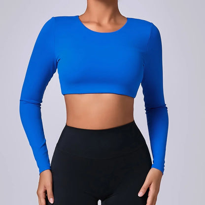 Crop Top Women Long Sleeve Tees 2026 Gym Shirt Padding Sports T-shirts Push Up Yoga Clothing Black White Blue Coffee Gray Navy