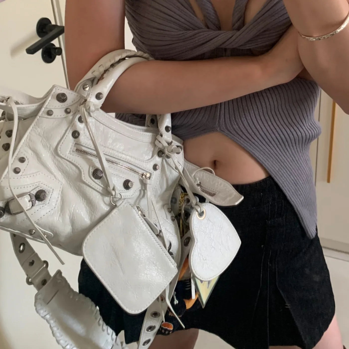 Neo Motorcycle Bag Handheld Rivet Head Layered Oil Wax Cowhide Crossbody Women's Bag Cool And Spicy Girl Retro Style Tote Bag