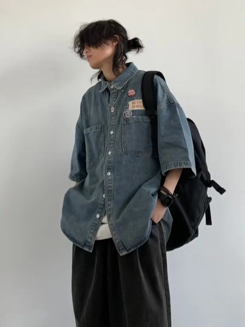 Harajuku Tooling Mens Sets 2024 Summer American Street Retro Denim Suit Hip Hop Printed Cowboy Shirt+Wide Leg Jeans 2-pcs New