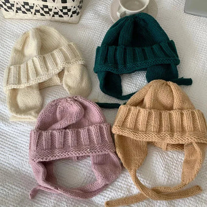 New Winter Cute Candy Colors Knitted Cap Fashion for Women Skullies Beanies Outdoor Windproof Thickened Warm Ear Protection Hat