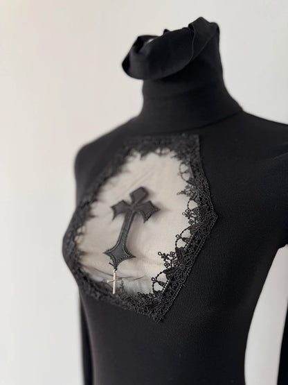 High Neck Dark Gothic Cross Hollow Slimming Bottom Knitted Shirt for Women Halloween Costume Long Sleeve Sexy T-shirt Women Tops