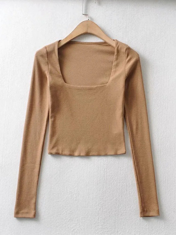 Women's Ribbed Square-Neck Long-Sleeve Crop Top