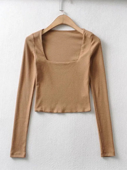 Women's Ribbed Square-Neck Long-Sleeve Crop Top