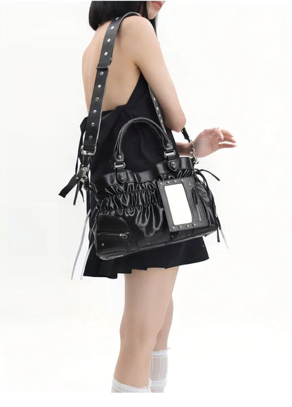 Veo-1 Piece Retro Y2K Edgy Rivet Motorcycle Bag, Large Capacity Pleated Versatile Commuter Bag, High-End Arm Bag, Cute and Spicy Women's Shoulder Bag, Fashionable and Convenient Soft Leather Crossbody Bag, Detachable Adjustab