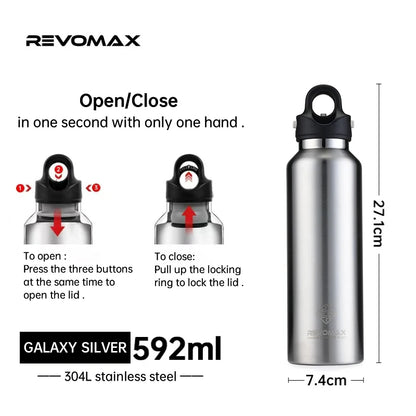 RevoMax-Double Wall Insulated Water Bottle, Outdoor Travel Sports Bottles, Stainless Steel Thermos for Tea, Thermal Cup, 600ml