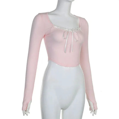 Mooyu Cute Bandage Bow Cropped Top Pink Sweet Coquette Sweet T Shirts Fall Spring Casual Square Collar Tees Women y2k Aesthetic