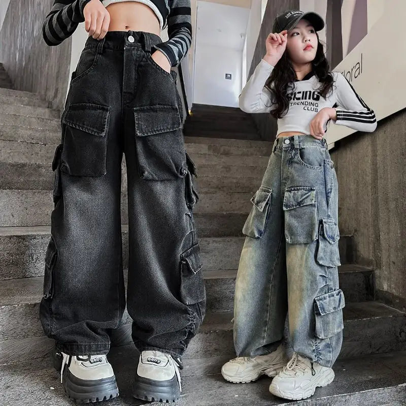 Cargo Jeans for Girls Spring Loose Casual Elastic Waist Teenage Children - APEX RITUAL women's jeans