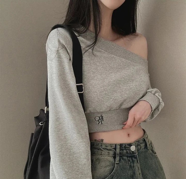 Slim Fit Long Sleeve Hoodie Women's Style Irregular Collar Show Shoulder Waist Cinching Short Length Commute Fashion  Color