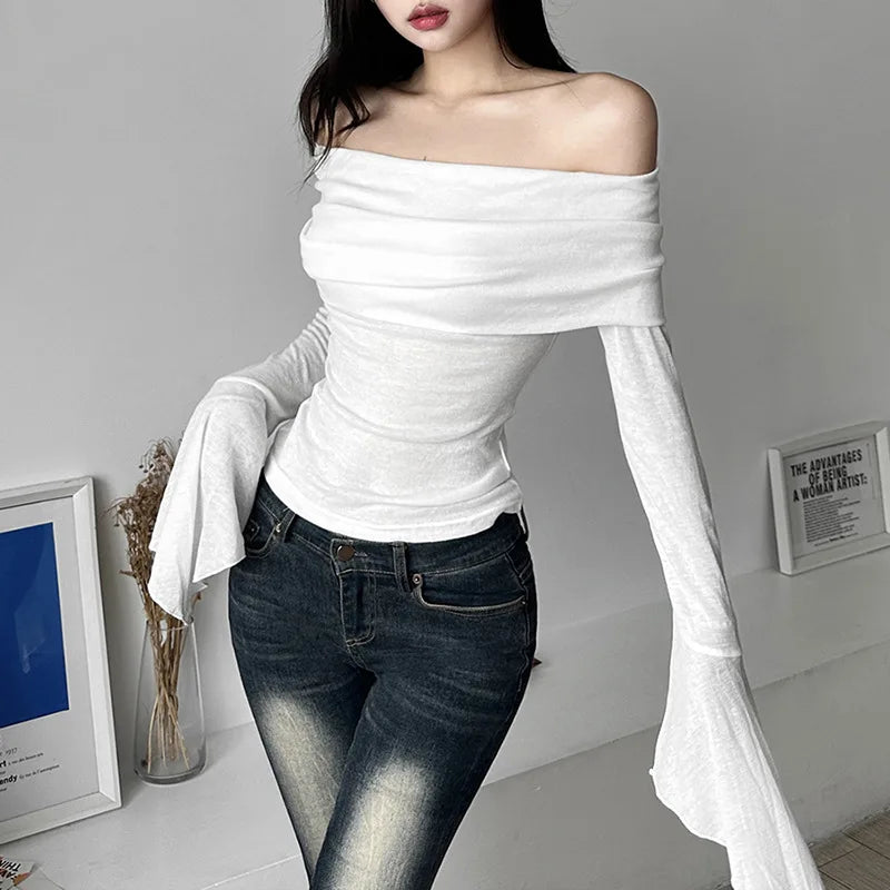 Y2k Aesthetic Simple Fashion Women's Tee Shirts Slash Neck Long Sleeve Solid Casual T-Shirts Vintage Off Shoulder Trendy Tshirts